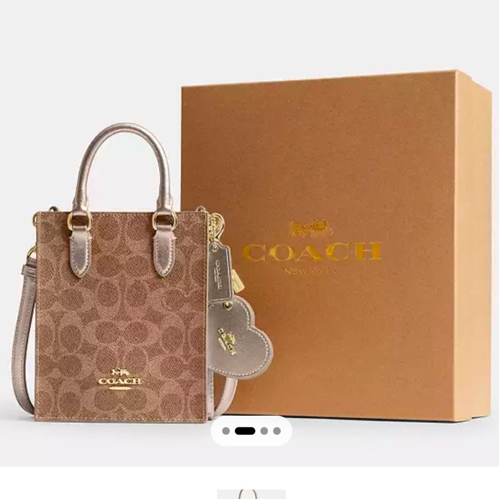 New🤎Coach Boxed Mini Tote Bag & Heart Mirror Bag Charm Set In Signature Canvas